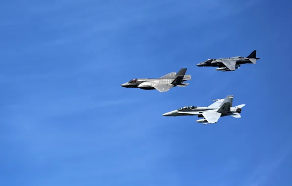 Flight, fighters, Hornet, F-35B, Lockheed Martin, Harrier II, FA-18, AV-8