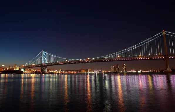 Picture bridge, city, the city, reflection, Philadelphia, bridge, reflection, USA flag