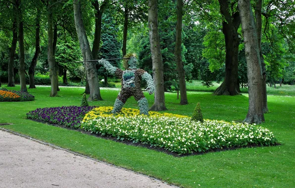 Picture GRASS, STATUE, GREENS, FLOWERS, TREES, PARK, FLOWERBED, SPEAR