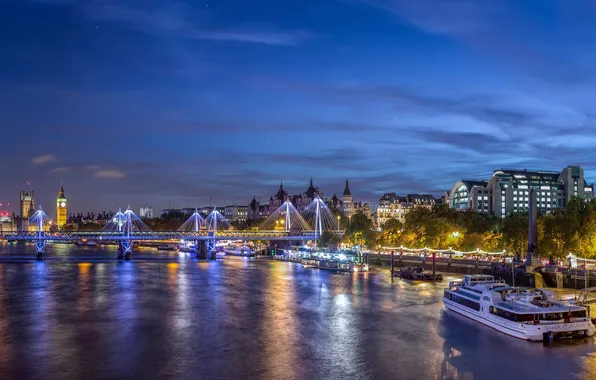 Night, bridge, lights, river, London, UK, promenade, Westminster