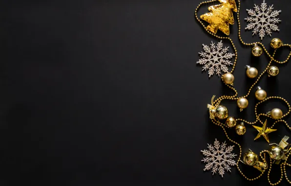 Picture snowflakes, background, black, toys, new year, gold, decor