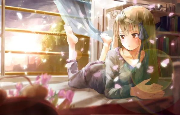Picture sunset, room, petals, window, girl, book