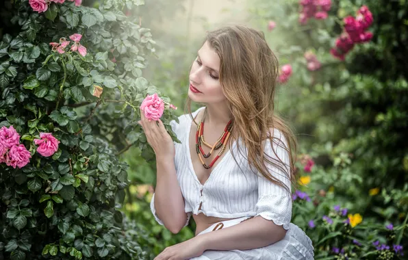 Summer, girl, flowers, roses, garden, beads, pink, sitting