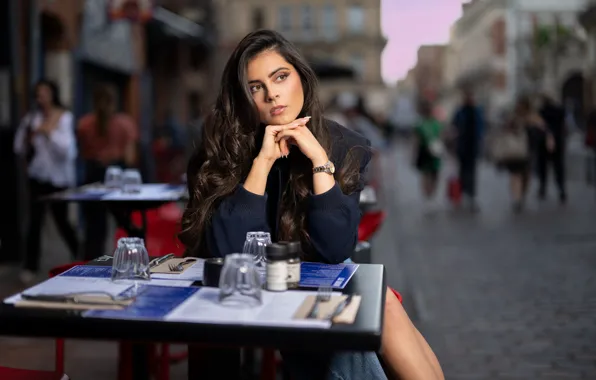 Girl, the city, pose, brunette, long hair, street cafe, Estelle