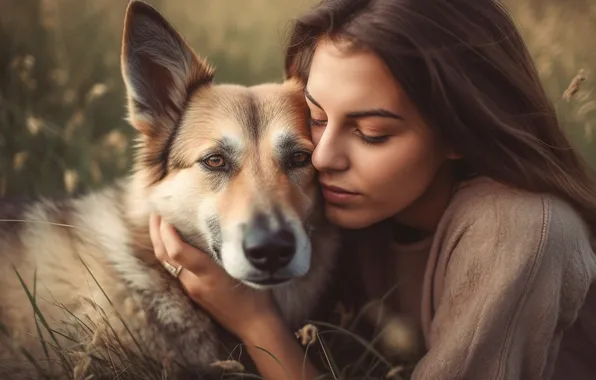 Look, girl, nature, portrait, dog, brunette, friends, dog