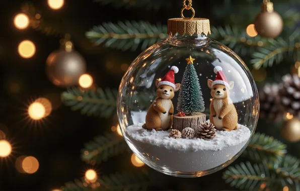 Snow, lights, transparent, the dark background, glass, ball, animals, Christmas