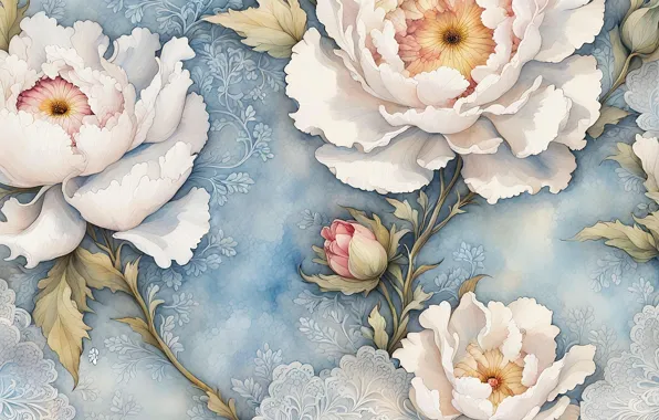 Flowers, painting, peonies, composition, imitation painting, AI art, neural network