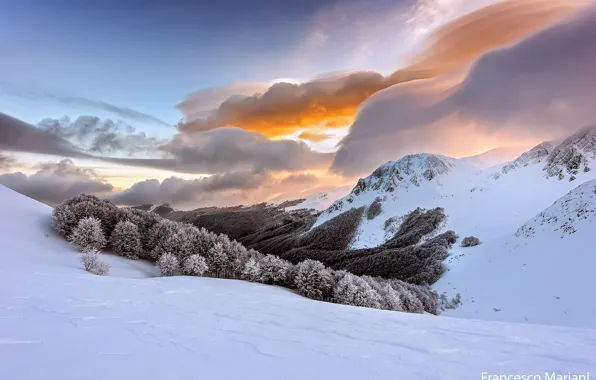 Winter, the sky, clouds, snow, Italy, The Apennine mountains
