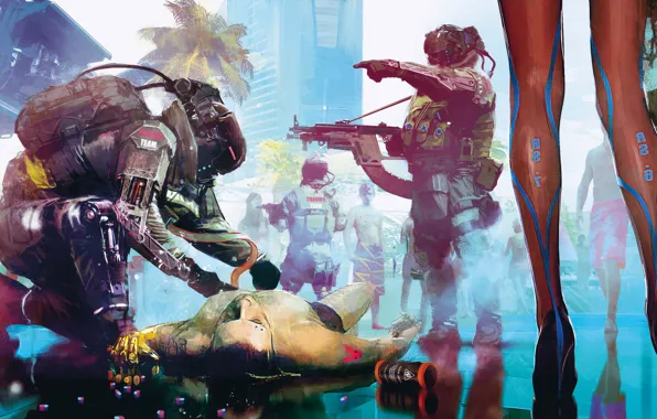 The city, The game, People, Art, Cyborg, CD Projekt RED, Cyberpunk 2077, Cyberpunk