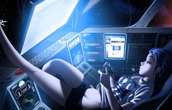 Girl, space, ship, sneakers, art, gamepad