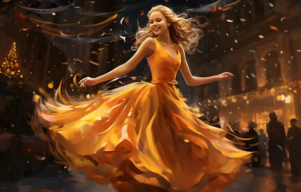 Picture Girl, Smile, Christmas, Dress, New year, Joy, Digital art, Confetti