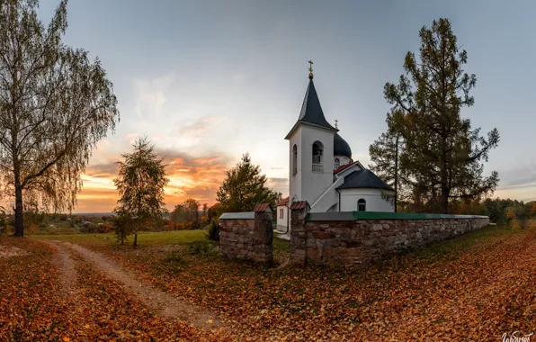 Picture autumn, landscape, sunset, nature, village, Ilya Garbuzov, Behovo, Church of the Holy Trinity