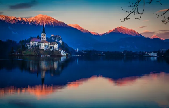 Water, snow, sunset, mountains, reflection, tops, tale, town