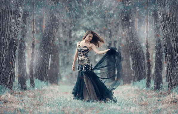 Picture forest, girl, dress, Alessandro Di Cicco, A cold forest