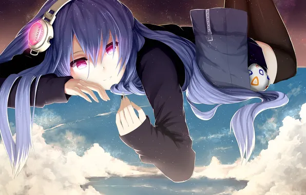 Picture the sky, girl, stars, clouds, anime, headphones, art, lies