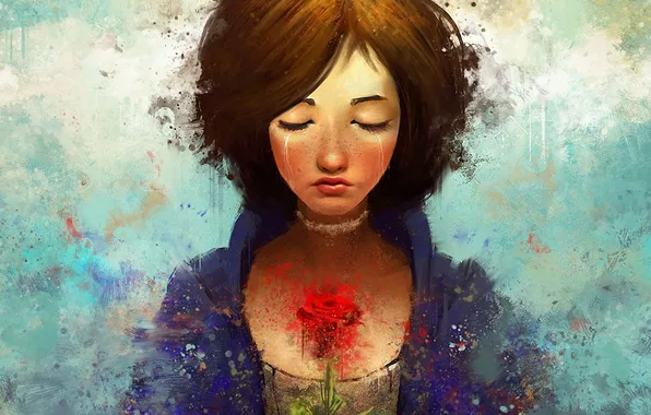 Flower, girl, rose, tears, art, Bioshock, art, Women