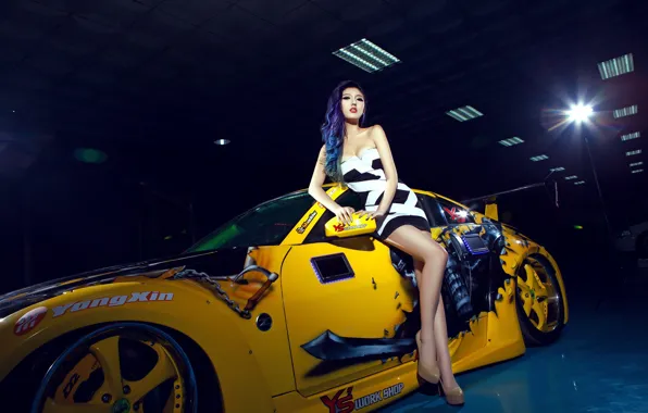 Look, Girls, Nissan, Asian, beautiful girl, yellow car, posing on the car