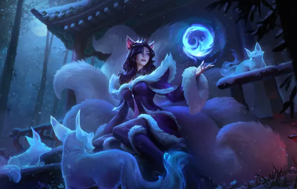 Picture night, the moon, the game, Fox, game, character, beautiful girl, character