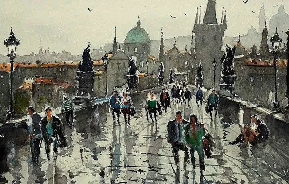 Bridge, people, tower, picture, Prague, watercolor, the urban landscape, Maximilian DAmico