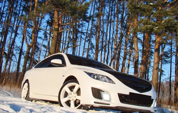 Snow, trees, Mazda 6