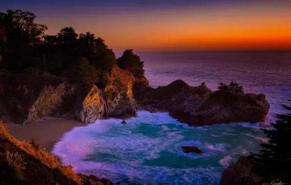 Rocks, coast, waterfall, CA, landscape, seascape, California, The Pacific ocean