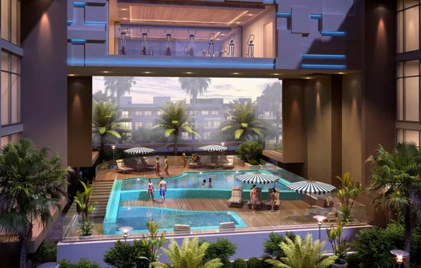 Palm trees, people, MODERN APARTMENT, pool night, SWIMMING POOL