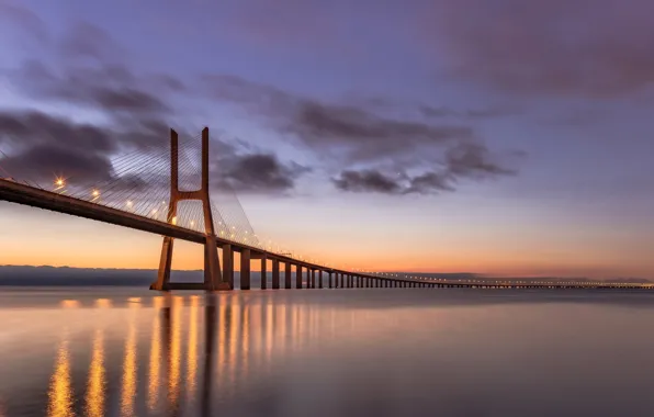 Picture bridge, lights, support, Portugal, Lisbon, Vasco da Gama