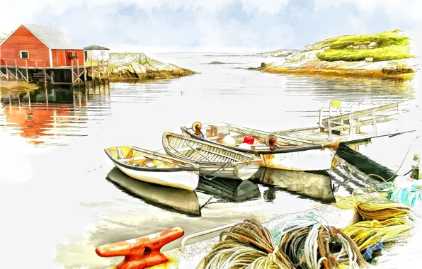 House, boat, figure, pier, watercolor