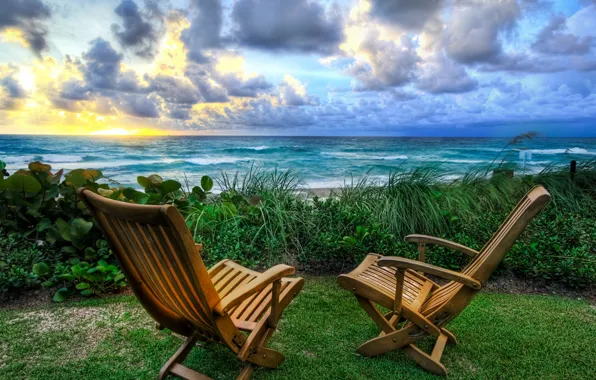 Picture sea, nature, sunrise, chairs