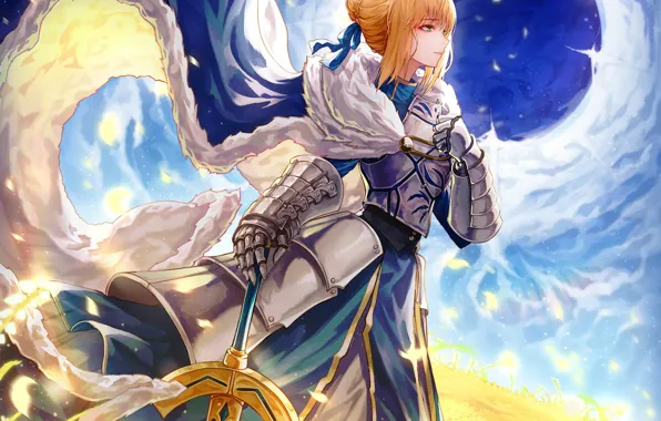 Field, the sky, girl, hole, sword, Saber, Fate / Stay Night, Fate stay Night