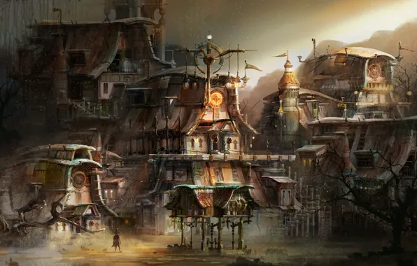 Picture mountains, home, buildings, piling up, steam punk town concept