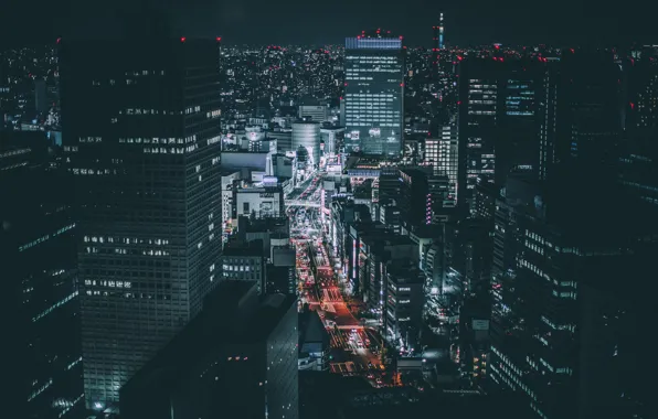 Road, night, the city, lights, building, home, skyscrapers, Japan