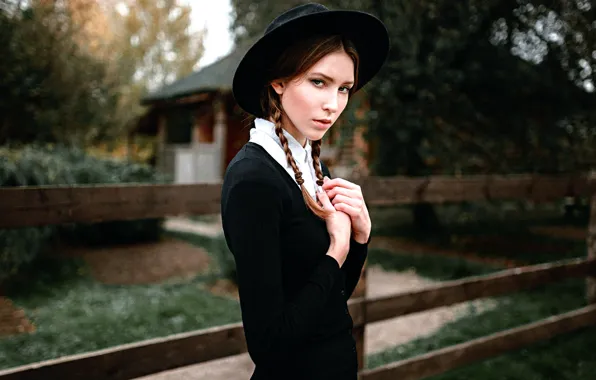 Picture girl, braids, hat, George Chernyadev, Amish