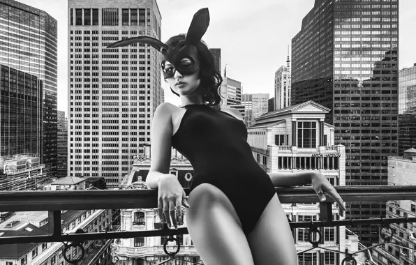 The city, pose, model, building, mask, black and white, skyscrapers, monochrome