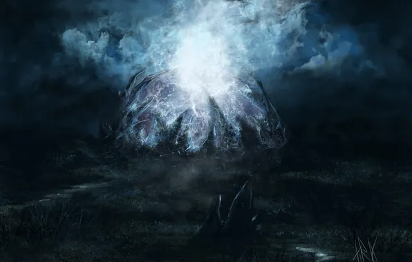 Night, clouds, rocks, magic, zipper, art, sphere