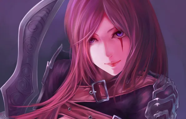 Picture look, weapons, art, lol, League of Legends, Katarina, red hair, straps