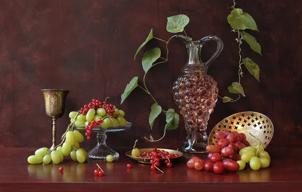 Leaves, wine, glass, grapes, pitcher, still life, red currant