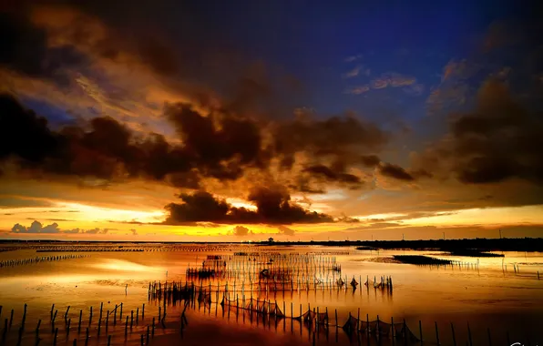 Sea, clouds, sunset, mesh, the fence, columns