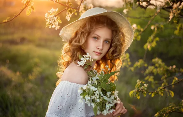 Picture hat, look, nature, girl, flowering, spring
