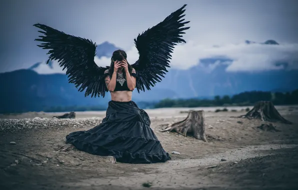 Picture girl, nature, pose, black, woman, wings, angel