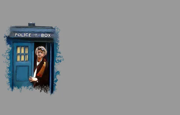 Scarf, glasses, parody, booth, grey background, Doctor Who, police, Doctor Who