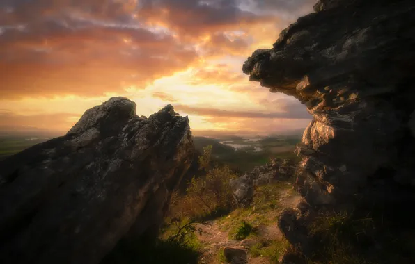The sky, the sun, clouds, rays, light, mountains, stones, open