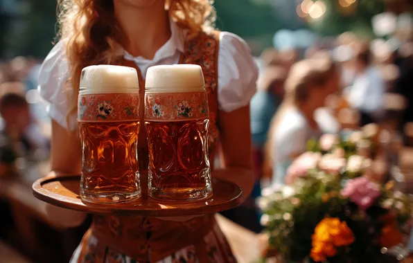 Foam, girl, people, holiday, beer, glasses, mugs, the waitress