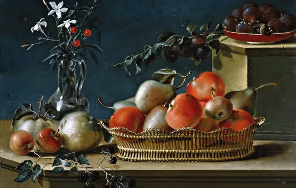 Berries, apples, picture, pear, basket, Jose Ferrer, Still life with Fruit and Glass Vase