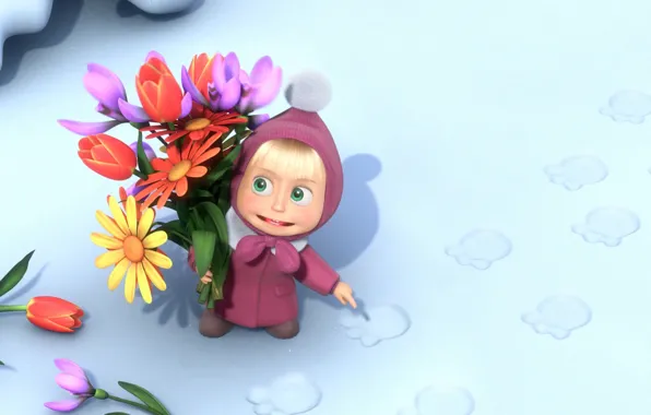 Snow, flowers, traces, Masha and the bear