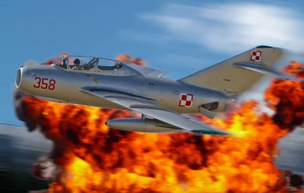 Picture the sky, fire, the MiG-15
