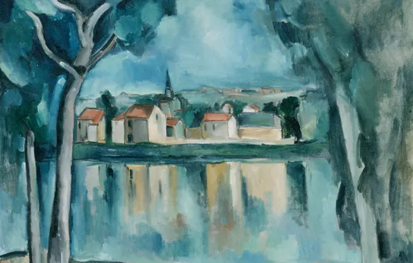 Picture trees, landscape, home, picture, Maurice de Vlaminck, The city by the lake