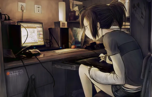 Computer, room, monitor, draws, digitizer, ponytail, robce lee