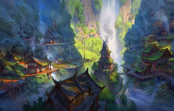 Fantasy, forest, river, trees, landscape, water, rocks, houses