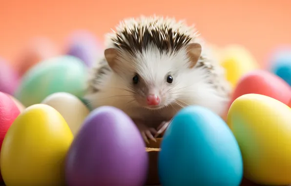 Look, holiday, eggs, spring, muzzle, Easter, hedgehog, orange background